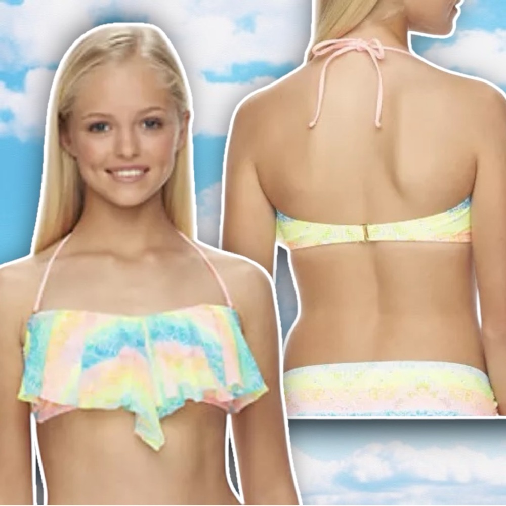 ❤️ BREAKING WAVES Aztec Tribal Flounce Bandeau Bikini Top Neon Rainbow Boho 90s